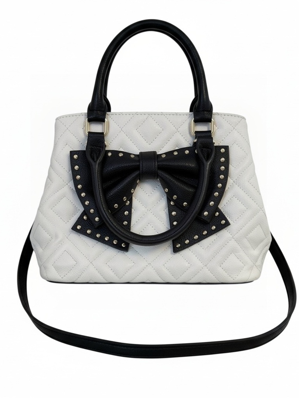 Betsey Johnson White Quilted Satchel with Black Bow and Studs